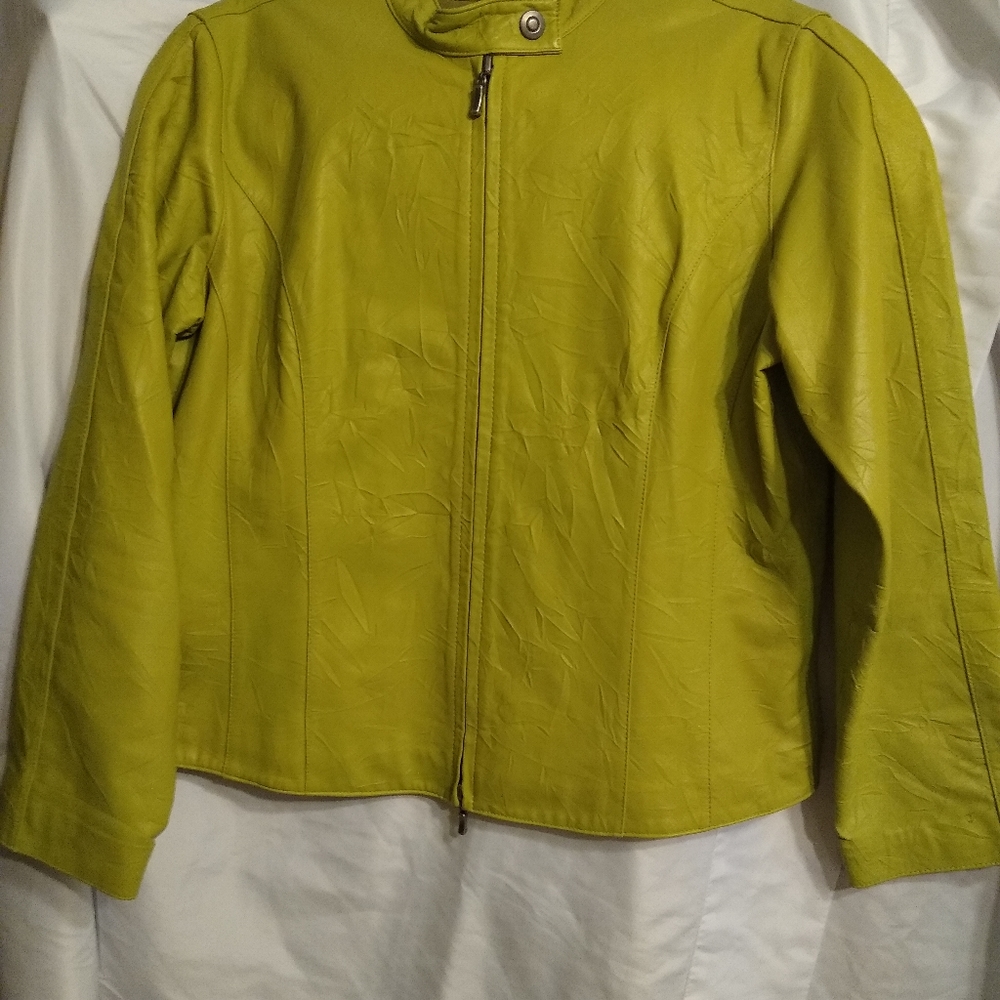 Chico's Bright Lime Green Leather Zip Jacket